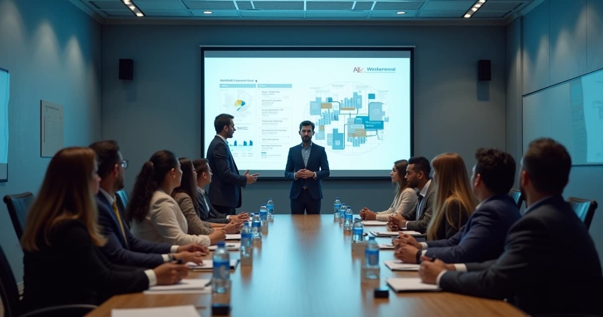Reunião empresarial com consultor financeiro apresentando gráficos e dados a equipe em sala moderna