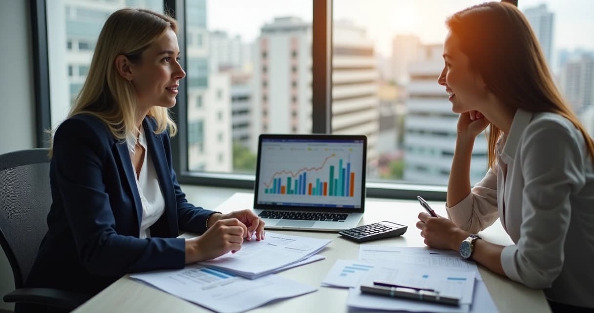 Consultor financeiro atendendo cliente em escritório moderno em São Paulo, com papéis, computador e gráficos no ambiente