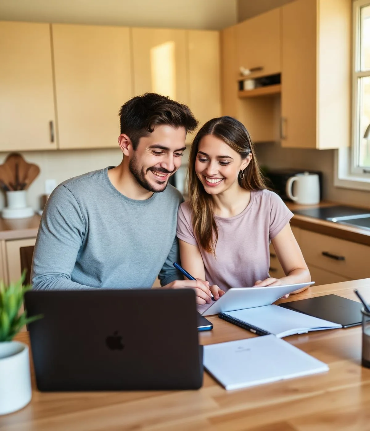 Casal planejando finanças juntos no sofá